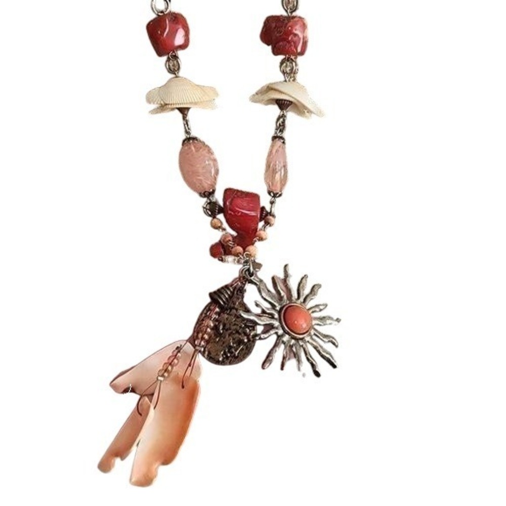 Treska Boho Red Coral Shell Sunburst Pendant Long Cord Necklace Rose Quartz New